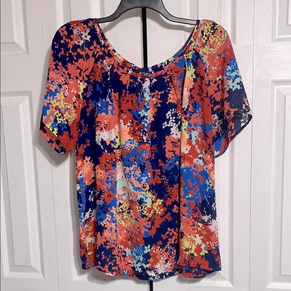 Pretty Ana bright blue peach yellow white multicolor blouse top shirt size 2X